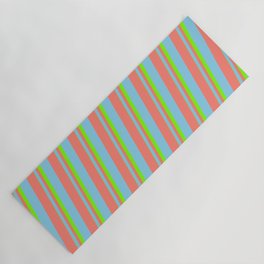[ Thumbnail: Green, Sky Blue & Salmon Colored Pattern of Stripes Yoga Mat ]