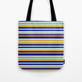 [ Thumbnail: Powder Blue, Goldenrod, and Blue Colored Striped Pattern Tote Bag ]