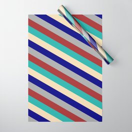 [ Thumbnail: Vibrant Light Sea Green, Tan, Blue, Dark Gray, and Brown Colored Lines/Stripes Pattern Wrapping Paper ]