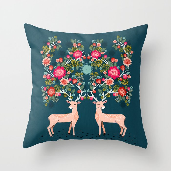 Deer with Flowers by Andrea Lauren  Throw Pillow