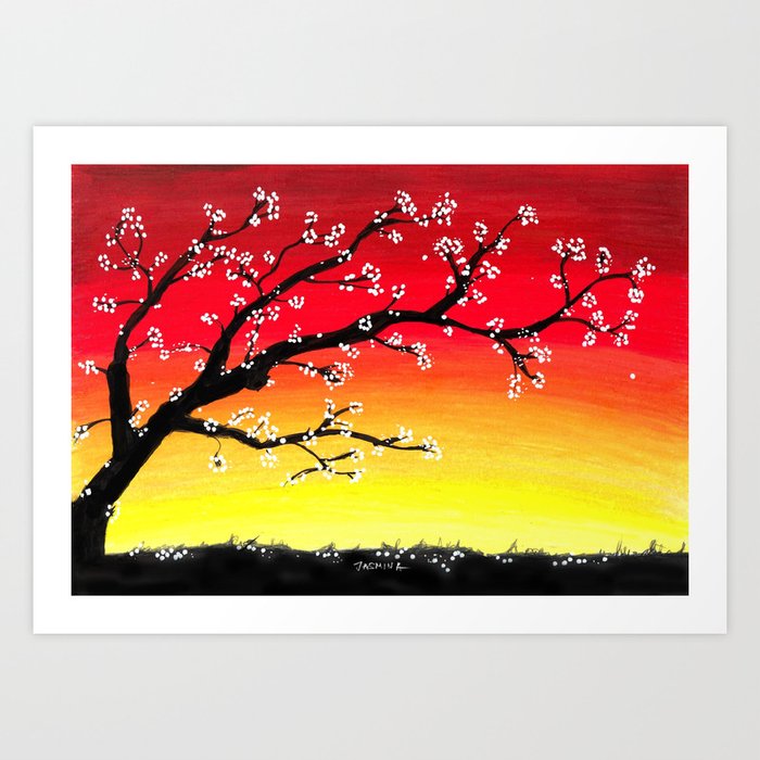 Drawing Sunset And A Blossom Tree Art Print By Jasminasusakprints