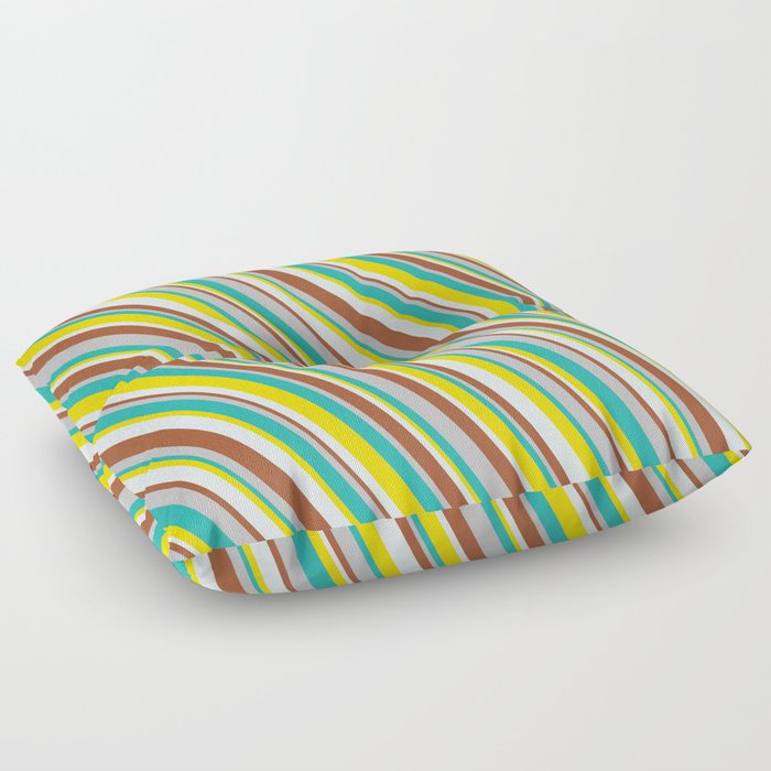 Colorful Grey, Light Sea Green, Yellow, Light Cyan & Sienna Colored Pattern of Stripes Floor Pillow