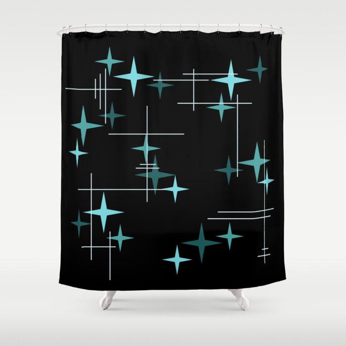 Mid Century Modern Stars Black Teal Shower Curtain