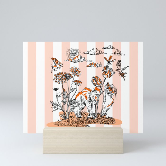 Elephant in flower jungle orange Mini Art Print