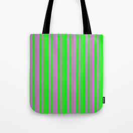 [ Thumbnail: Lime and Orchid Colored Lines/Stripes Pattern Tote Bag ]