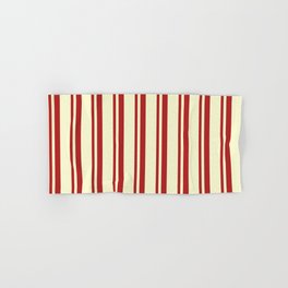 [ Thumbnail: Red & Light Yellow Colored Stripes/Lines Pattern Hand & Bath Towel ]