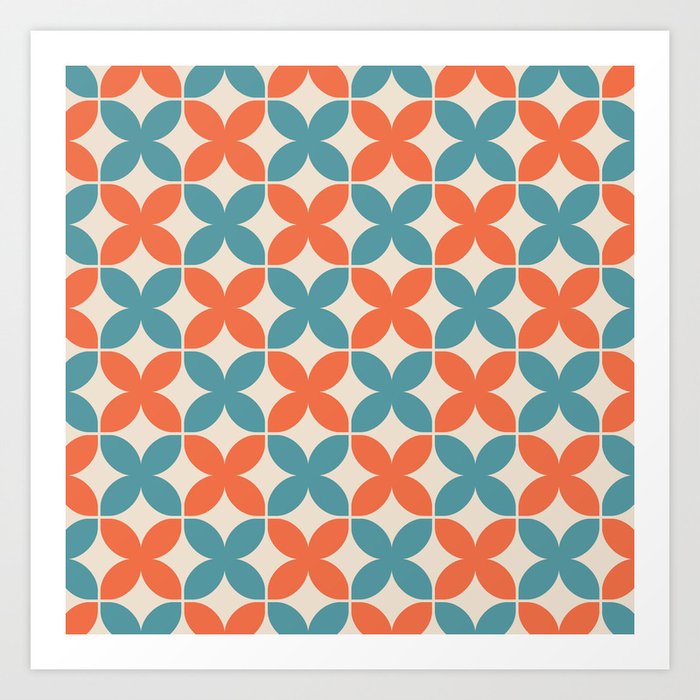 Geometric Flower Pattern 926 Orange and Turquoise Art Print