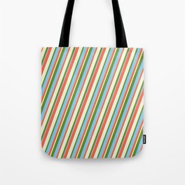 [ Thumbnail: Red, Beige, Green, and Sky Blue Colored Stripes Pattern Tote Bag ]