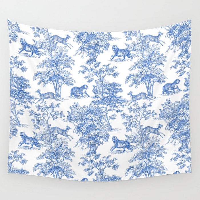 Toile de Jouy Vintage French Exotic Jungle Forest Blue & White Wall Tapestry