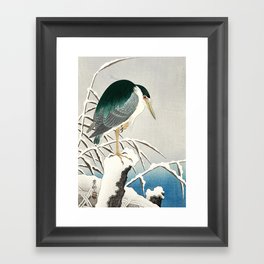 Heron in snow - Japanese vintage woodblock print art Framed Art Print
