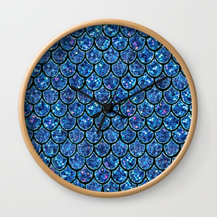 Sparkly Turquoise & Blue & Glitter Mermaid Scales Wall Clock