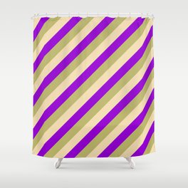 [ Thumbnail: Dark Khaki, Tan, and Dark Violet Colored Striped Pattern Shower Curtain ]