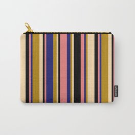 [ Thumbnail: Light Coral, Midnight Blue, Dark Goldenrod, Tan & Black Colored Lined Pattern Carry-All Pouch ]