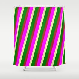 [ Thumbnail: Green, Brown, Fuchsia & Pale Goldenrod Colored Lines/Stripes Pattern Shower Curtain ]