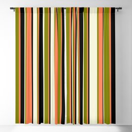 [ Thumbnail: Beige, Green, Coral & Black Colored Stripes Pattern Blackout Curtain ]