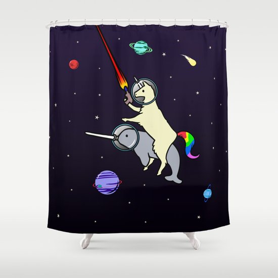 Llamacorn Riding Narwhal In Space Shower Curtain By Jezkemp Society6