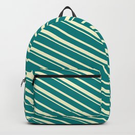 [ Thumbnail: Teal & Light Yellow Colored Striped Pattern Backpack ]