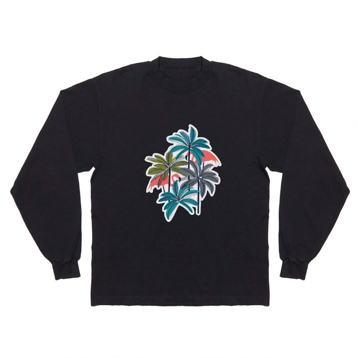 Retro vacation mode // white background highball green peacock blue and green grey palm trees oxford navy blue lines coral flamingos Long Sleeve T Shirt