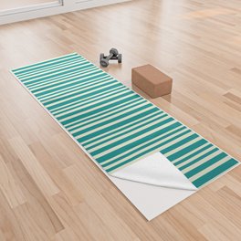[ Thumbnail: Beige and Dark Cyan Colored Lined Pattern Yoga Towel ]