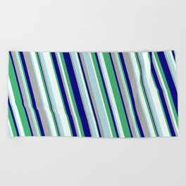 [ Thumbnail: Eye-catching Powder Blue, Dark Gray, Blue, Sea Green & Mint Cream Colored Striped Pattern Beach Towel ]