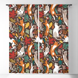 Autumn joy // brown oak background cats dancing with many leaves in fall colors Blackout Curtain