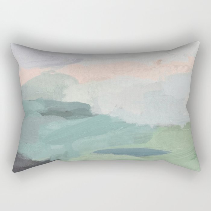 Farmland Sunset II - Seafoam Green Mint Black Blush Pink Abstract Nature Land Art Painting Rectangular Pillow