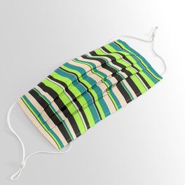 [ Thumbnail: Light Green, Teal, Bisque & Black Colored Lined/Striped Pattern Face Mask ]
