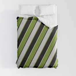 [ Thumbnail: Light Gray, Green, and Black Colored Lines Pattern Duvet Cover ]