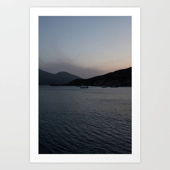 Milos Bay / After sunset blue and purple sky with a view to sea, boats and mountains Art Print
