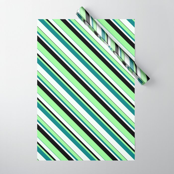 Green, Teal, Mint Cream & Black Colored Lined Pattern Wrapping Paper