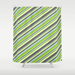 [ Thumbnail: Light Yellow, Dim Gray, Light Blue & Green Colored Lines/Stripes Pattern Shower Curtain ]