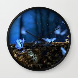 Fantasy bleu butterfly in the woods Wall Clock