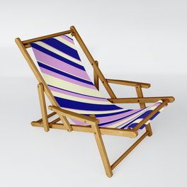 [ Thumbnail: Blue, Plum, and Light Yellow Colored Lines Pattern Sling Chair ]