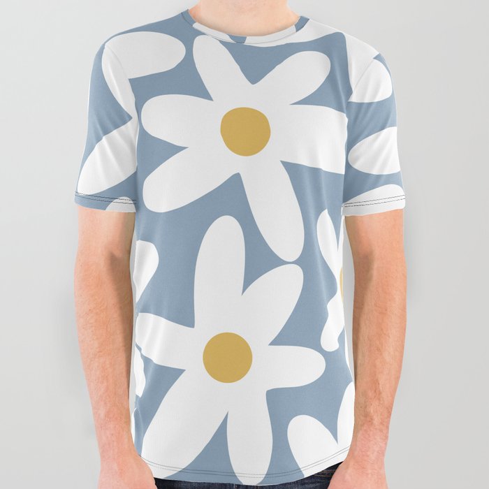Daisy Time Retro Floral Pattern in Light Blue, White, and Mustard All Over Graphic Tee