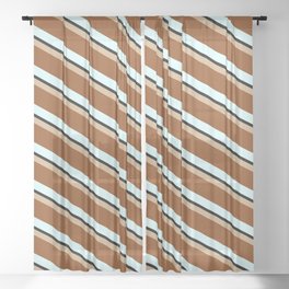 [ Thumbnail: Tan, Brown, Light Cyan, and Black Colored Stripes/Lines Pattern Sheer Curtain ]