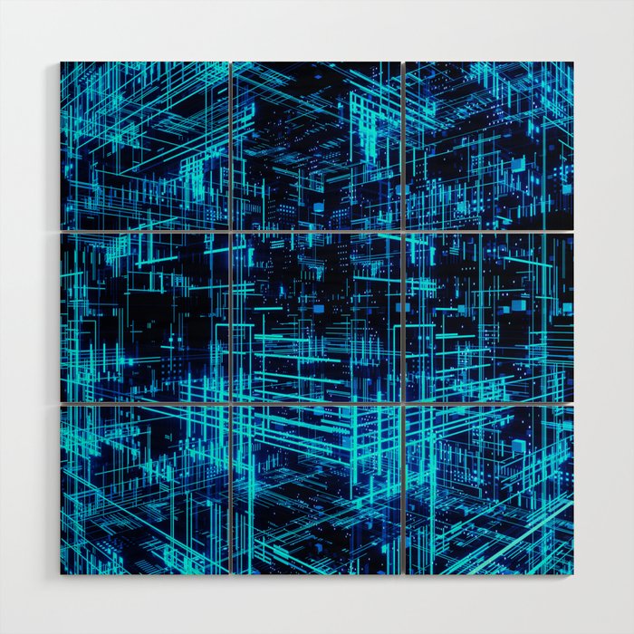 Super Grid 3D Abstract Metaverse -Blue- Wood Wall Art