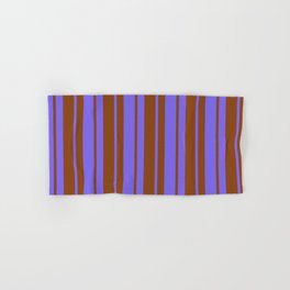 [ Thumbnail: Medium Slate Blue & Brown Colored Stripes/Lines Pattern Hand & Bath Towel ]