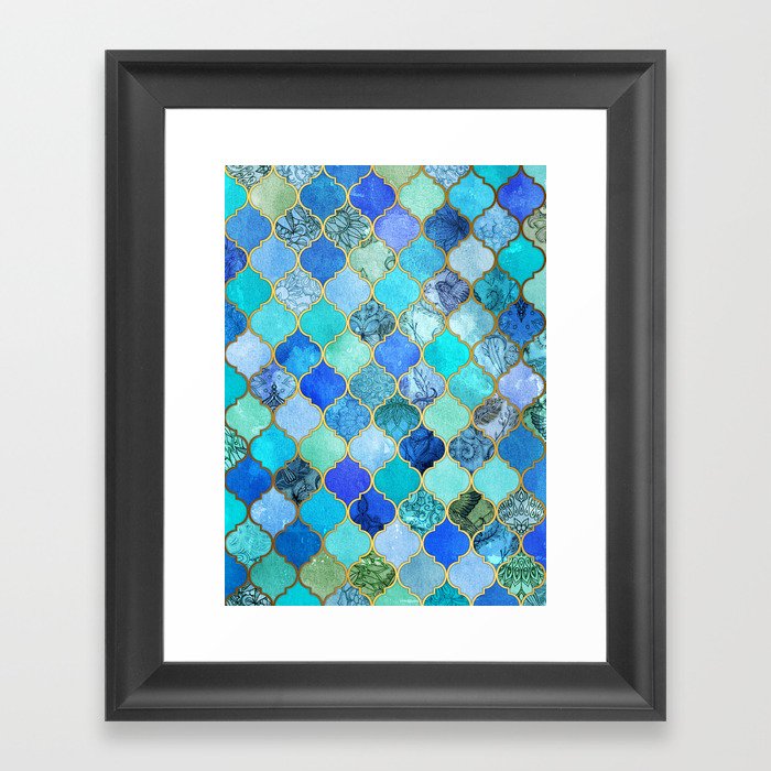 Cobalt Blue, Aqua & Gold Decorative Moroccan Tile Pattern Framed Art Print