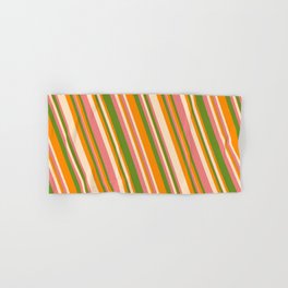 [ Thumbnail: Green, Dark Orange, Bisque, and Light Coral Colored Lines Pattern Hand & Bath Towel ]