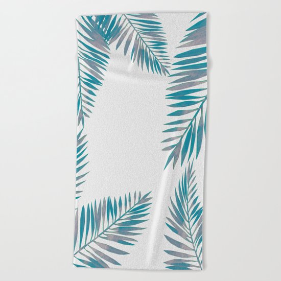 Watercolor tropical palm leaves blue Beach Towel