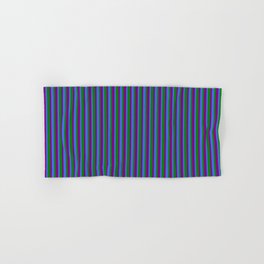 [ Thumbnail: Green, Purple & Royal Blue Colored Lines Pattern Hand & Bath Towel ]