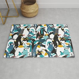 Merry penguins // black white grey dark teal yellow and coral type species of penguins teal dressed for winter and Christmas season (King, African, Emperor, Gentoo, Galápagos, Macaroni, Adèlie, Rockhopper, Yellow-eyed, Chinstrap) Rug