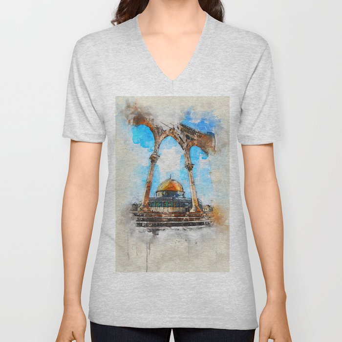 painting. Watercolor Al-Aqsa Mosque Dome of the Rock in the Old City - Jerusalem, Israel V Neck T Shirt