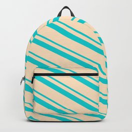 [ Thumbnail: Dark Turquoise & Bisque Colored Stripes Pattern Backpack ]