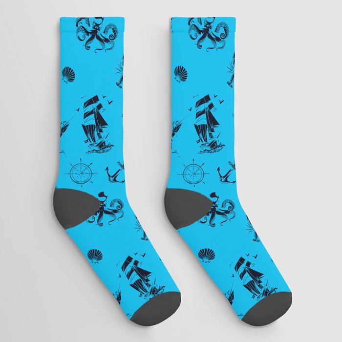 Turquoise And Blue Silhouettes Of Vintage Nautical Pattern Socks