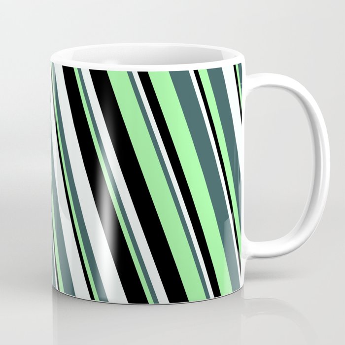 Dark Slate Gray, Green, Black & Mint Cream Colored Stripes/Lines Pattern Coffee Mug