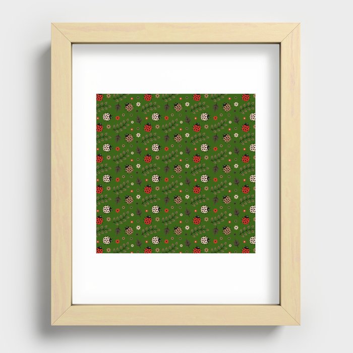 Ladybug and Floral Seamless Pattern on Green Background Recessed Framed Print