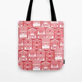 Monochromatic Portuguese houses // mandy red background white striped Costa Nova inspired houses Tote Bag