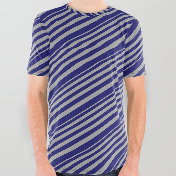Dark Grey & Midnight Blue Colored Lined/Striped Pattern All Over Graphic Tee