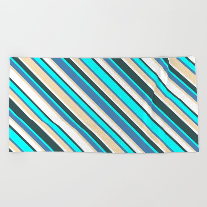 Eye-catching Blue, Tan, White, Dark Slate Gray, and Cyan Colored Lined/Striped Pattern Beach Towel